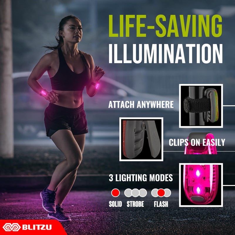 BLITZU 4 عبوات من ضوء الأمان LED، أضواء عاكسة قابلة للتثبيت للمشي في الليل، الجري، الركض، ملحقات ضوء فلاش عالي الوضوح للعدائين، الأطفال، التنزه، الكاياك، ركوب الدراجات، التخييم، القوارب باللون الوردي - Image 2